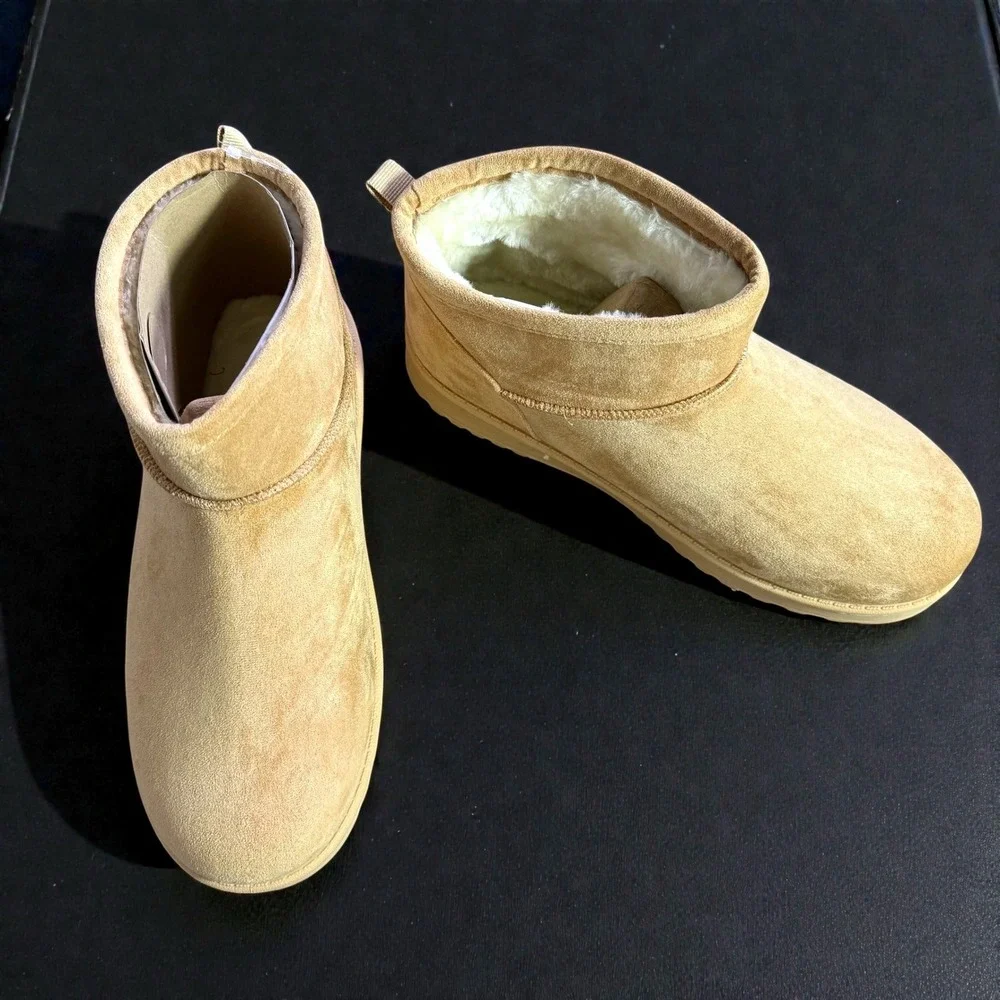 SO Goods for Life Womens Mini Ankle Boots Tan Faux Suede Faux Fur Lined Size 10